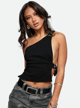 Buckled Down One Shoulder Top Black