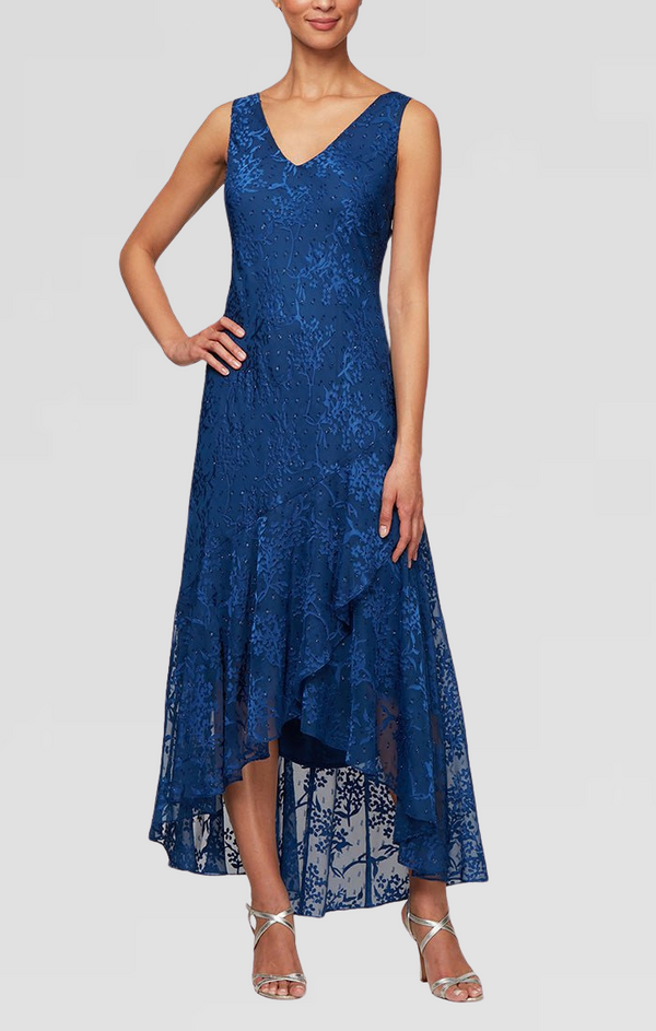 Regular - Tea-Length Chiffon Jacket Dress with High/Low Tulip Hem Skirt