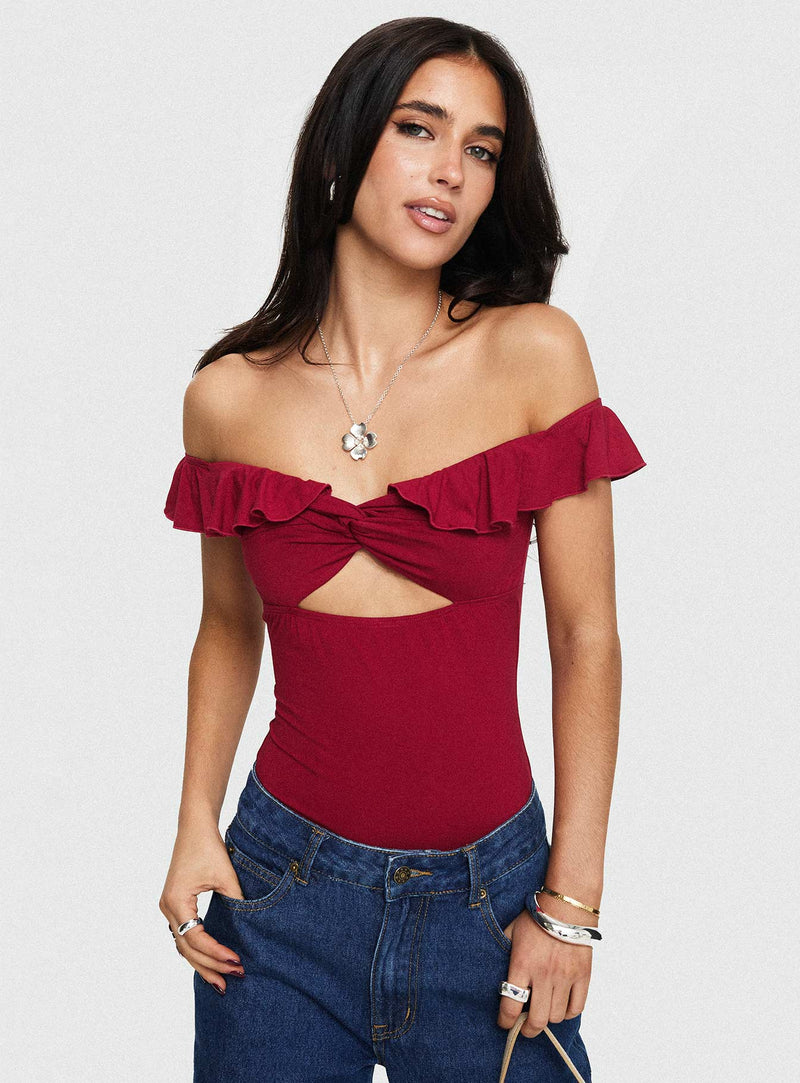 Be Careful Off The Shoulder Bodysuit Red
