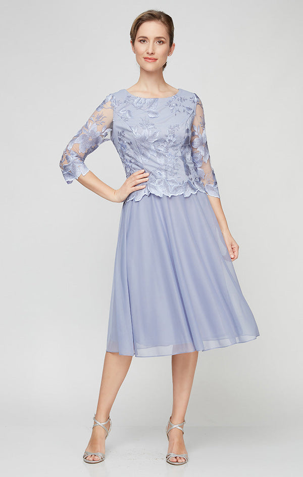 Regular - Tea-Length Embroidered Dress with Illusion Sleeves, Scallop Detail and Full Skirt