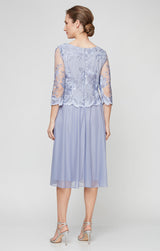 Regular - Tea-Length Embroidered Dress with Illusion Sleeves, Scallop Detail and Full Skirt
