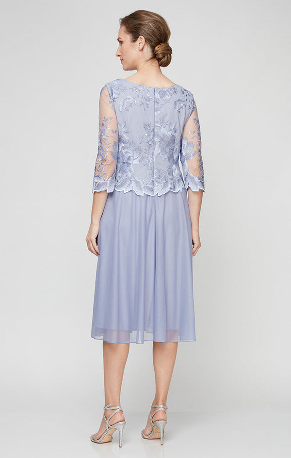 Regular - Tea-Length Embroidered Dress with Illusion Sleeves, Scallop Detail and Full Skirt