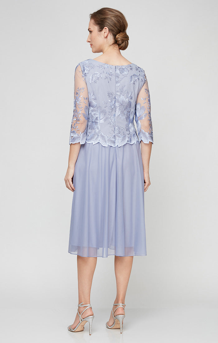 Regular - Tea-Length Embroidered Dress with Illusion Sleeves, Scallop Detail and Full Skirt