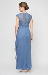 Petite Long Cap Sleeve Empire Waist Dress With Cording Detail and Cascade Skirt