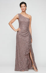 Regular - Long One Shoulder Lace Dress with Cascade Ruffle Detail