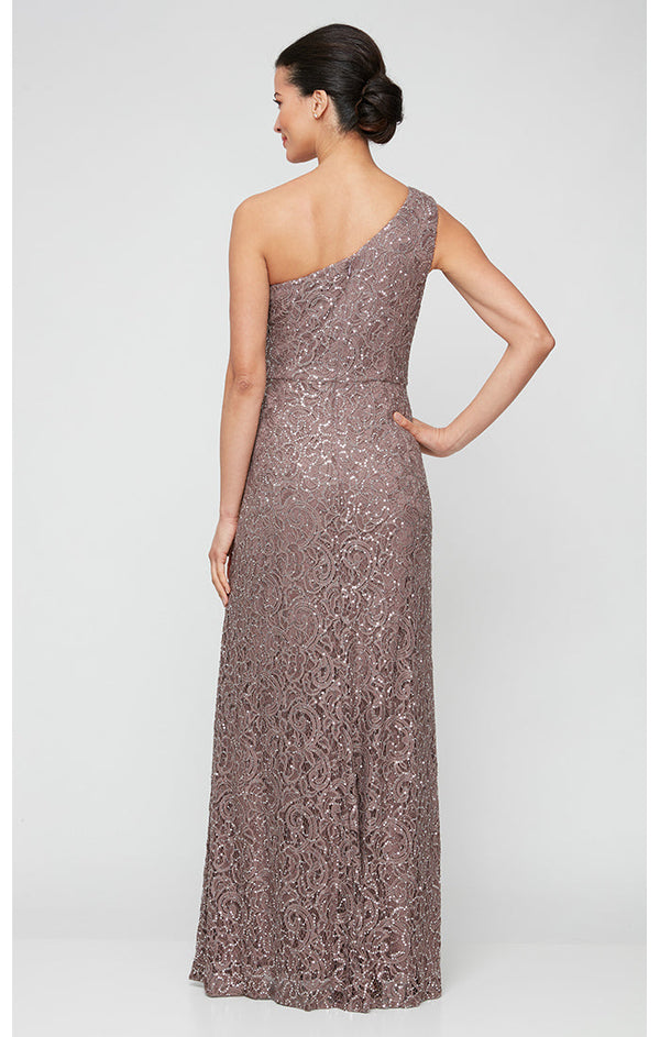 Regular - Long One Shoulder Lace Dress with Cascade Ruffle Detail