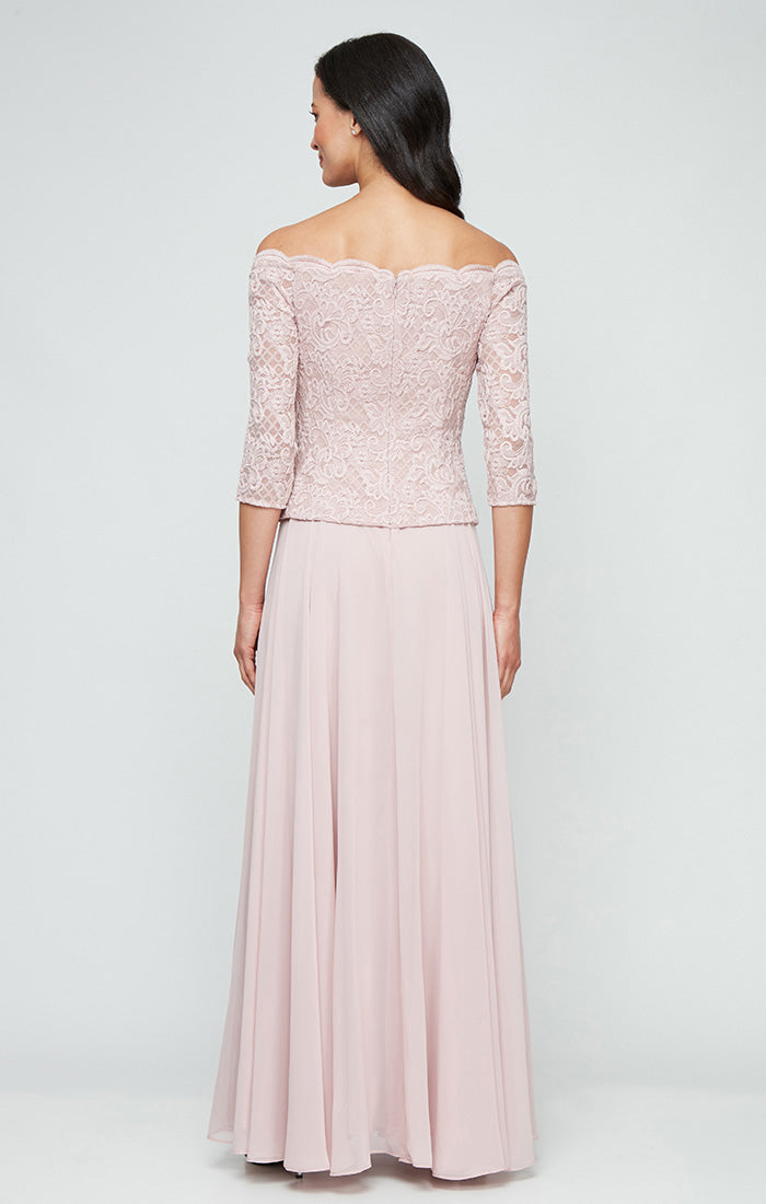 Petite - Stretch Lace Off the Shoulder Mock Dress with Scallop Neckline Detail & Chiffon Full Skirt