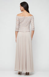 Stretch Lace Off the Shoulder Mock Dress with Scallop Neckline & Chiffon Full Skirt