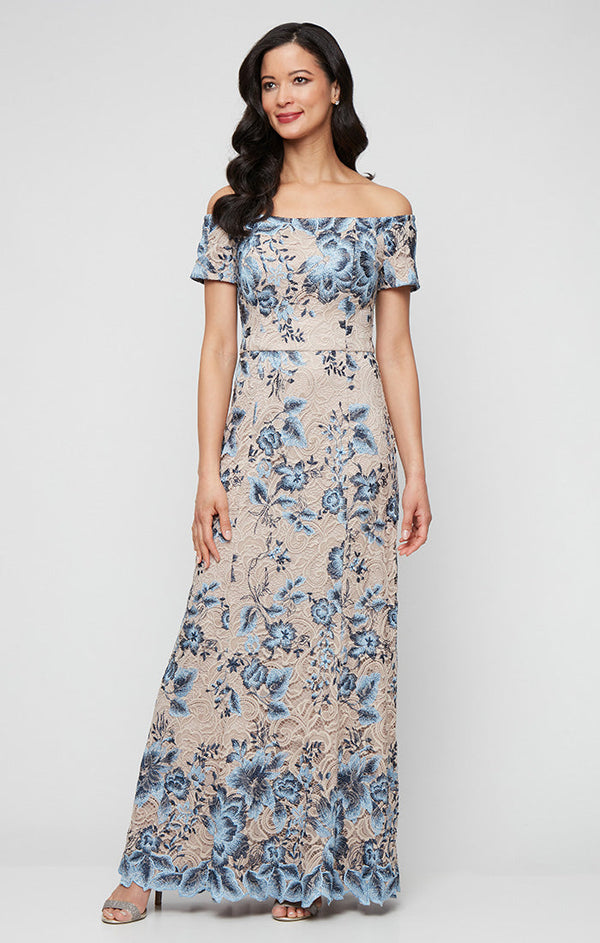 Regular - Long Floral Embroidered Lace Off the Shoulder Dress