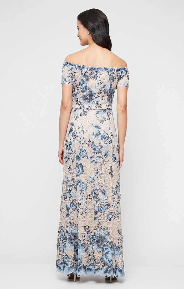Regular - Long Floral Embroidered Lace Off the Shoulder Dress