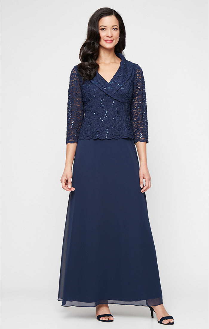 Petite Long Stretch Lace Mock Dress with Portrait Collar Neckline and Chiffon Skirt