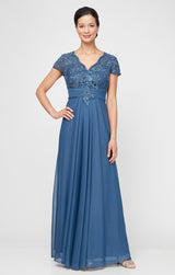 Plus - Long Surplice Neckline A-Line Dress with Embroidered Pleated Waist and Scallop Detail