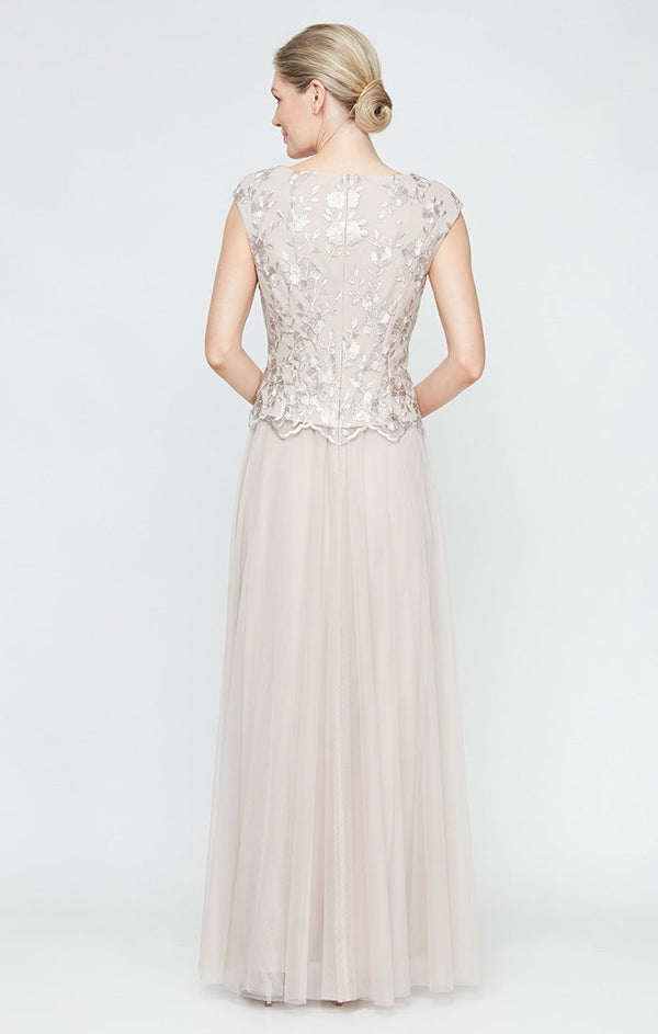 Petite - Long V-Neck Embroidered Mock Dress with Cap Sleeves and Full Skirt