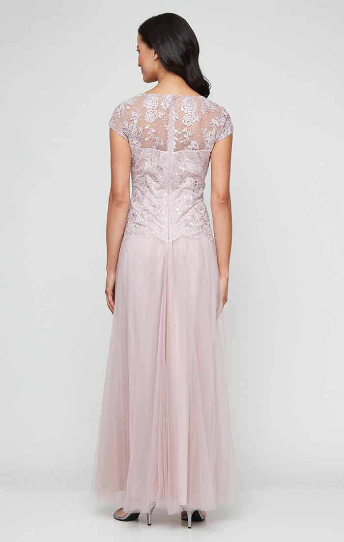 Regular - Long Embroidered Mock Dress with V-Neckline, Cap Sleeves and Full Tulle Skirt