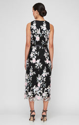 Petite - Midi Embroidered Sleeveless Dress with Scallop Hem Detail and Tie Belt