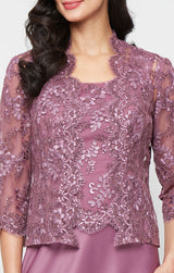 Petite Long Embroidered Tulle Mock Jacket Dress with Open Scallop Detail Jacket and Satin Skirt