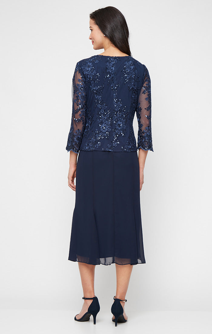 Petite Midi Embroidered Tulle Mock Jacket Dress with Hook Neck Closure Attached Jacket and Chiffon Skirt