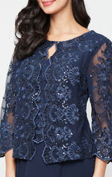 Petite Midi Embroidered Tulle Mock Jacket Dress with Hook Neck Closure Attached Jacket and Chiffon Skirt