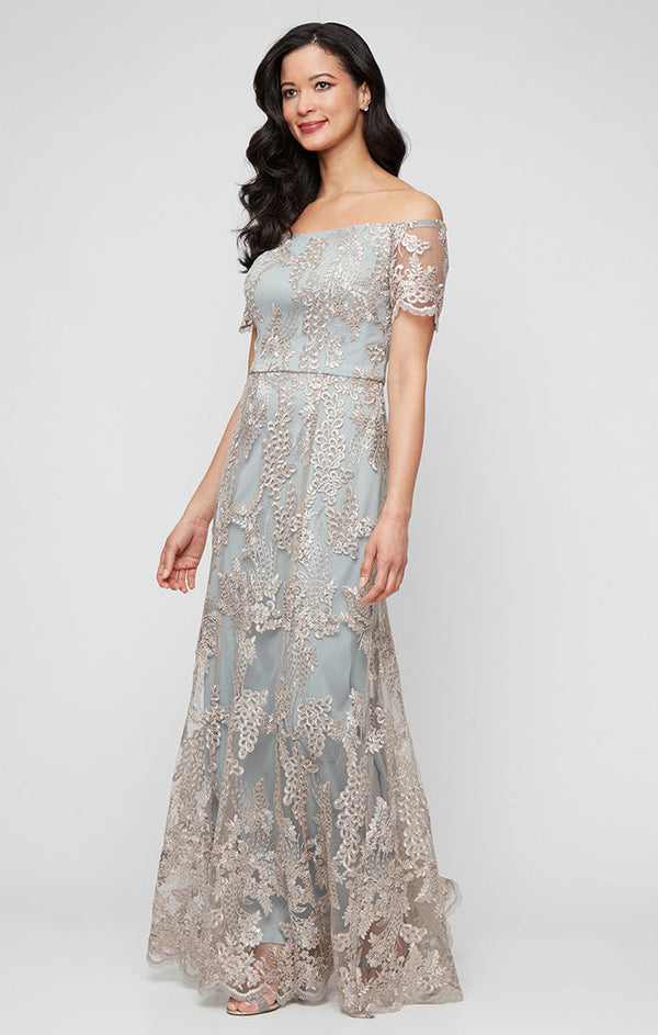Regular - Long Embroidered Tulle Off the Shoulder Dress with Scallop Detail