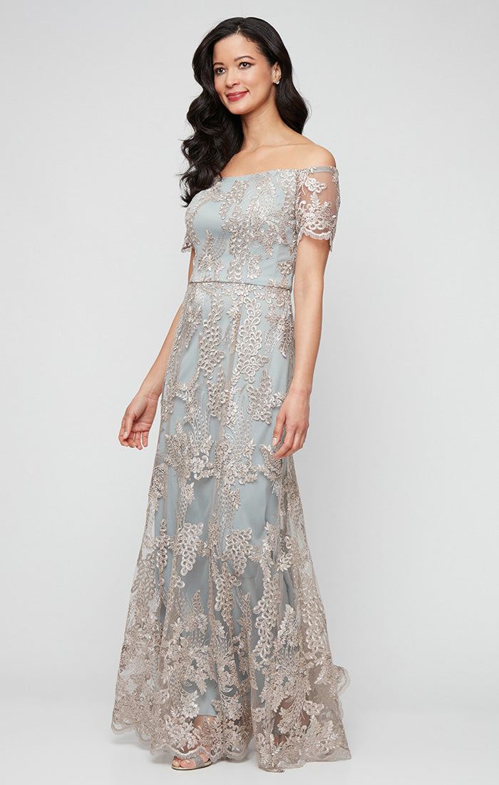 Regular - Long Embroidered Tulle Off the Shoulder Dress with Scallop Detail
