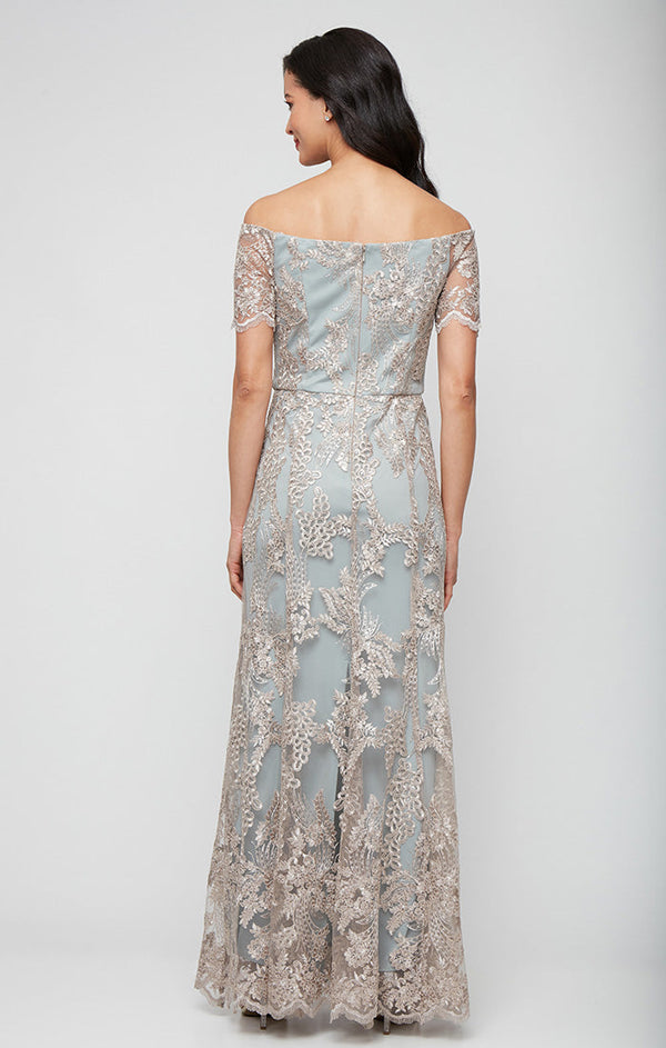 Regular - Long Embroidered Tulle Off the Shoulder Dress with Scallop Detail