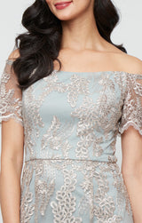 Regular - Long Embroidered Tulle Off the Shoulder Dress with Scallop Detail
