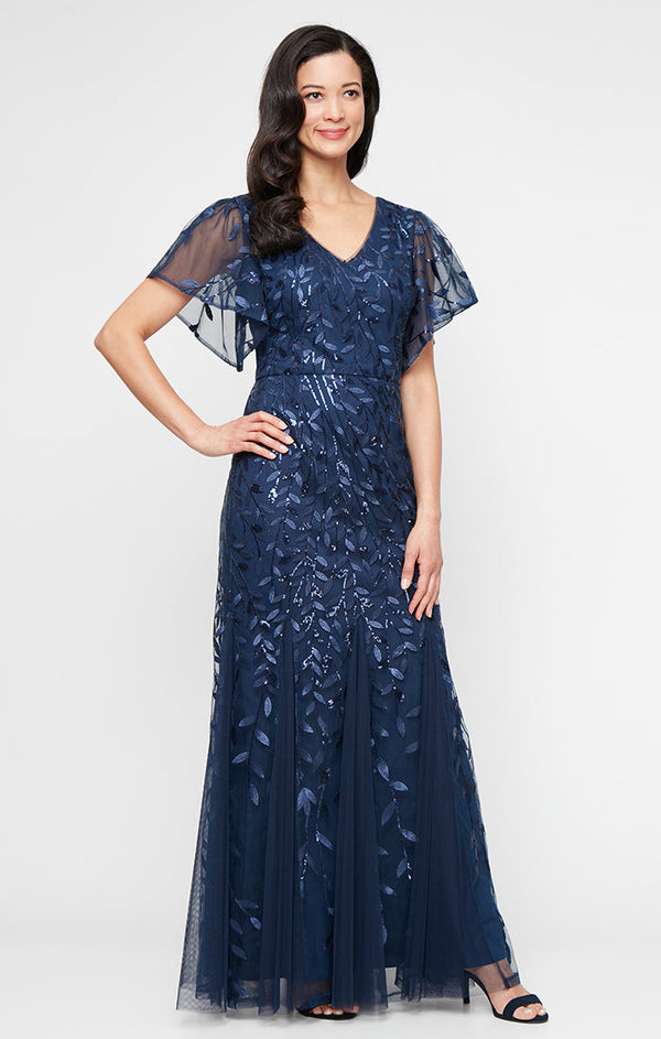 Regular - Long Embroidered Tulle Mermaid Dress with V-Neckline and Illusion Flutter Sleeves