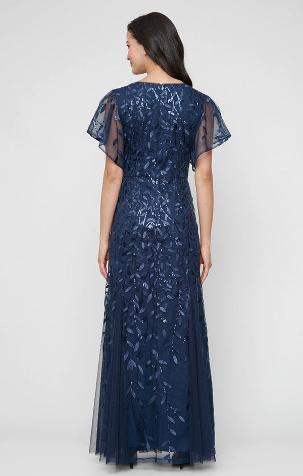 Regular - Long Embroidered Tulle Mermaid Dress with V-Neckline and Illusion Flutter Sleeves