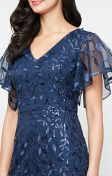 Regular - Long Embroidered Tulle Mermaid Dress with V-Neckline and Illusion Flutter Sleeves