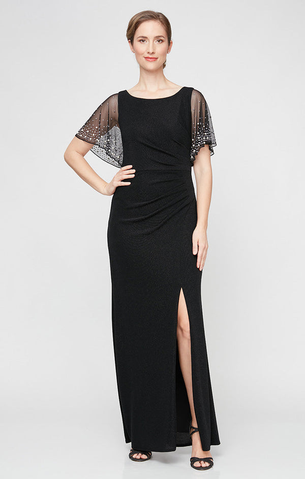 Embellished Flutter Sleeve Metallic Knit Dress with Ruched Waist