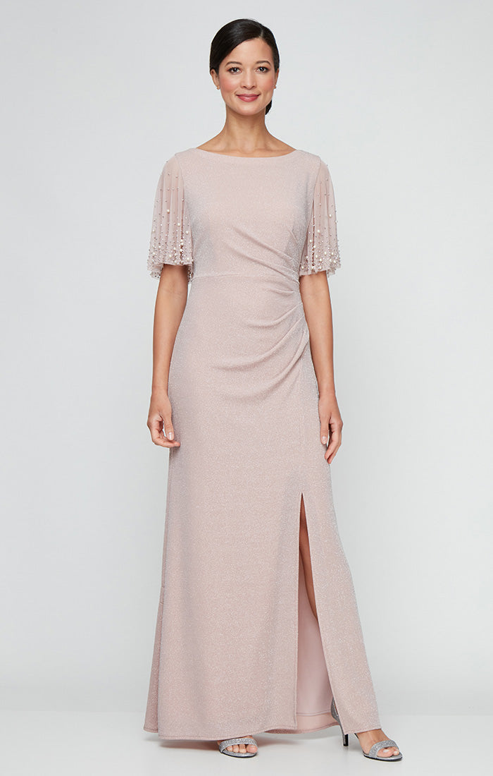 Embellished Flutter Sleeve Metallic Knit Dress with Ruched Waist