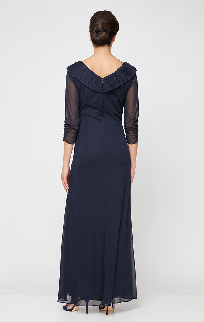 Long Portrait Collar Dress With Embellished Detail at Hip and Ruched Skirt Detail