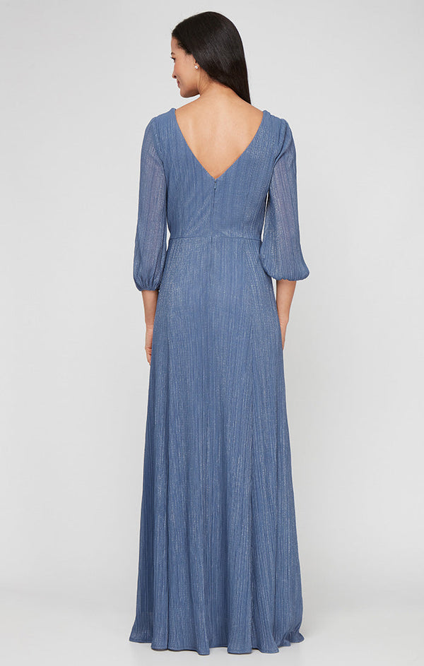 Regular - Long Micro Pleated Foil Mesh Dress with Surplice Neckline, Bubble Hem Sleeves and Tie Waist