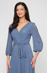 Regular - Long Micro Pleated Foil Mesh Dress with Surplice Neckline, Bubble Hem Sleeves and Tie Waist