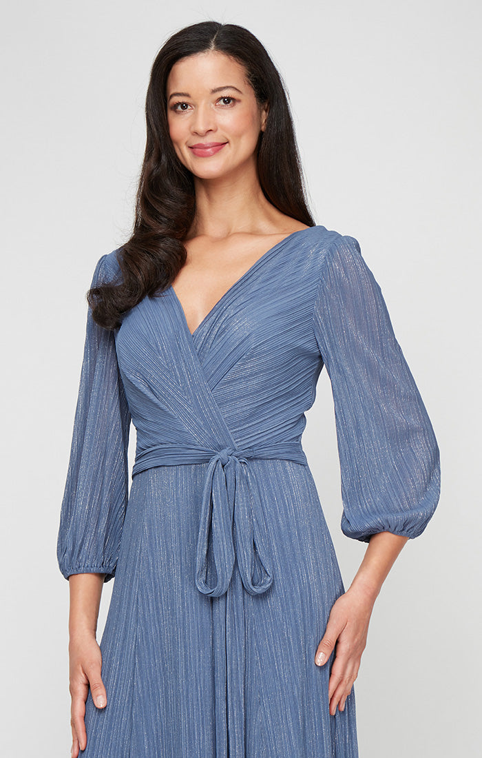 Regular - Long Micro Pleated Foil Mesh Dress with Surplice Neckline, Bubble Hem Sleeves and Tie Waist