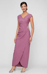 Petite - Long Contour Dress with Surplice Neckline, Cap Sleeves, Tulip Overlay Skirt and Beaded Embellishment at Hip