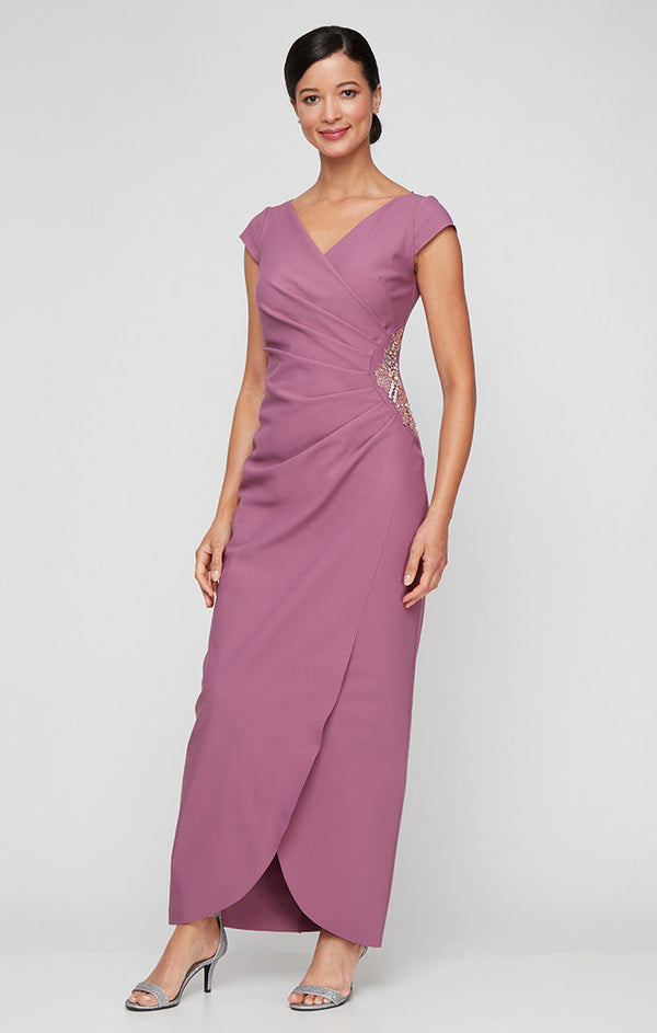 Petite - Long Contour Dress with Surplice Neckline, Cap Sleeves, Tulip Overlay Skirt and Beaded Embellishment at Hip