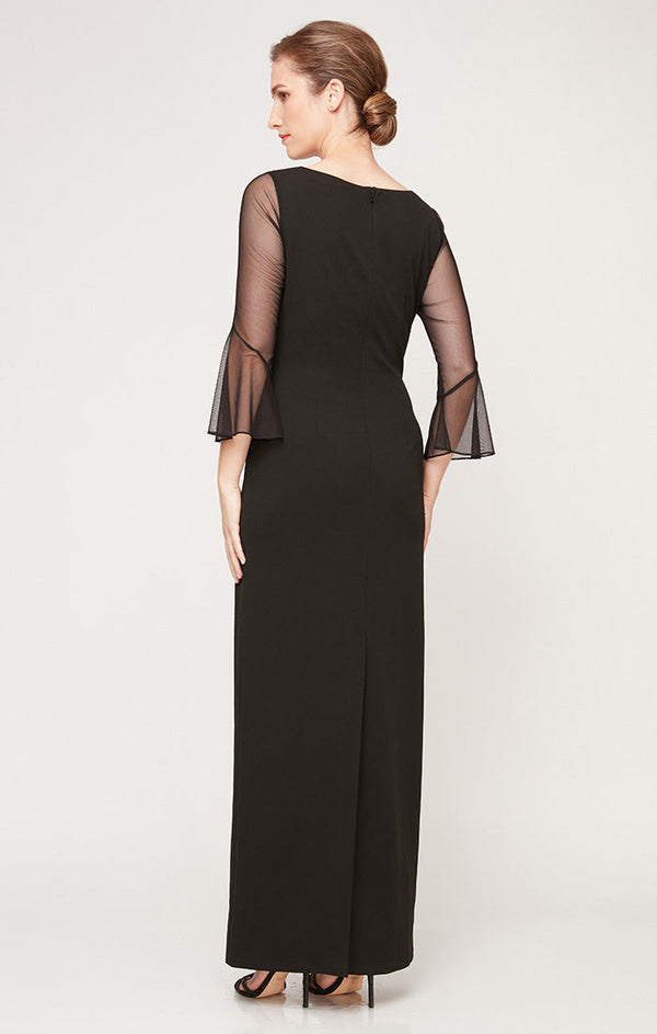 Long Column Dress With Heat Set Illusion Neckline and Bell Sleeves