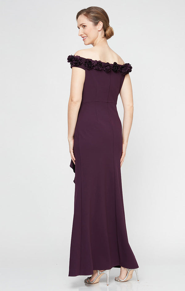 *Long Off the Shoulder Dress With 3D Flower Neckline and Front Slit