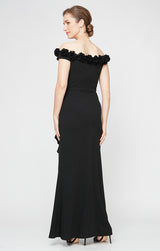 *Long Off the Shoulder Dress With 3D Flower Neckline and Front Slit