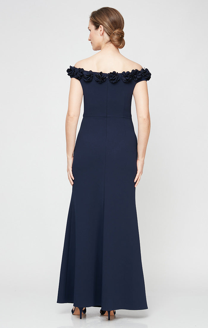 *Long Off the Shoulder Dress With 3D Flower Neckline and Front Slit