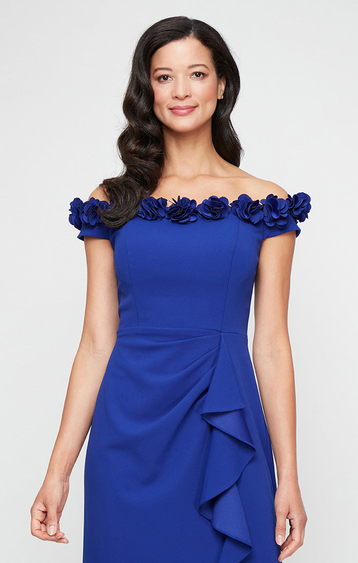 *Long Off the Shoulder Dress With 3D Flower Neckline and Front Slit