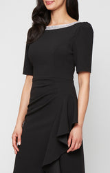Plus Long Embellished Neck Dress with Elbow Sleeves and Cascade Detail Skirt