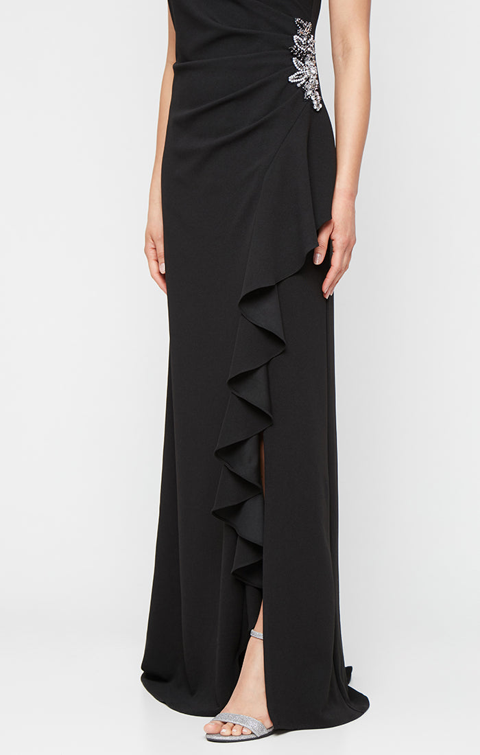 *Long Sleeveless Stretch Crepe Dress with Beaded Hip Detail and Cascade Ruffle Skirt