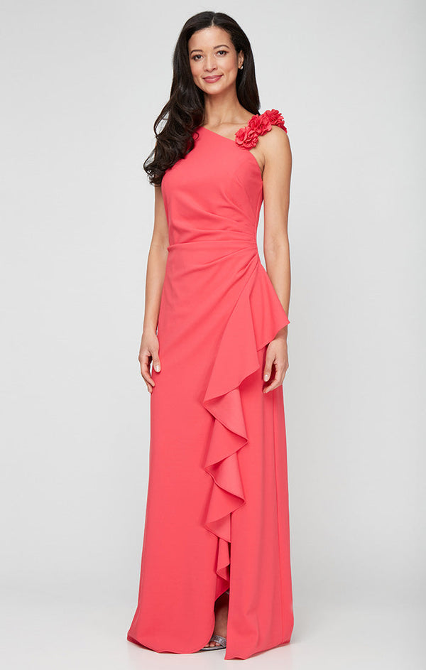 Regular - Long Stretch Crepe Dress with Flower Strap Detail and Cascade Skirt