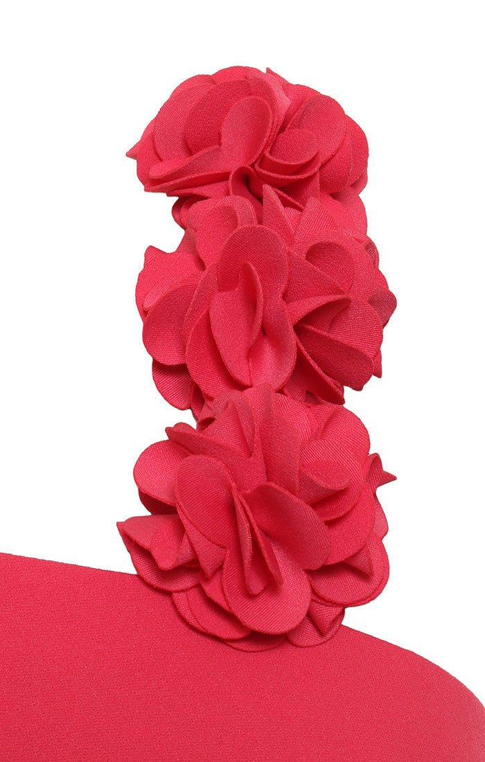 Regular - Long Stretch Crepe Dress with Flower Strap Detail and Cascade Skirt