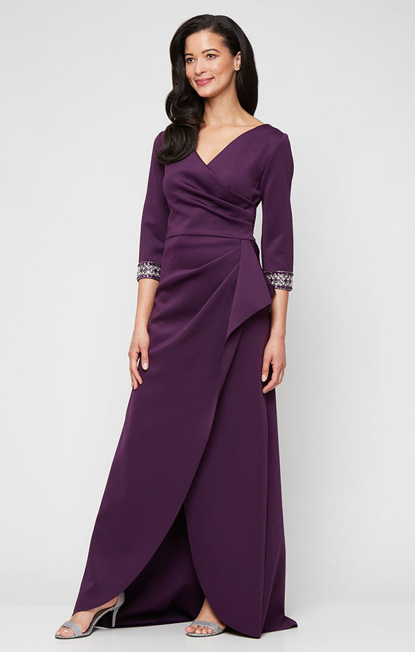 Plus Long Stretch Scuba Crepe Dress with Surplice Neckline, Embellished Sleeve Detail and Tulip Overlay Cascade Skirt