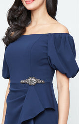 *Long Stretch Crepe Off the Shoulder Dress with Embellished Cascade Ruffle Detail at Waist and Puff Sleeves