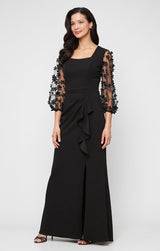 *Long Stretch Crepe Dress with Square Neckline and 3-D Floral Illusion Sleeves