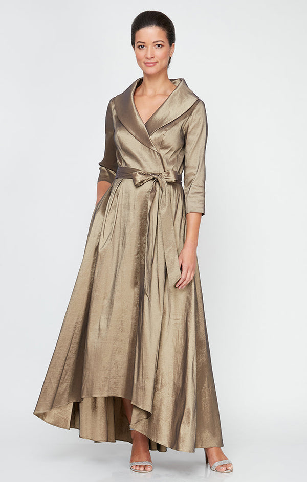 Portrait Collar Stretch Taffeta Dress with High Low Hem and Tie Belt